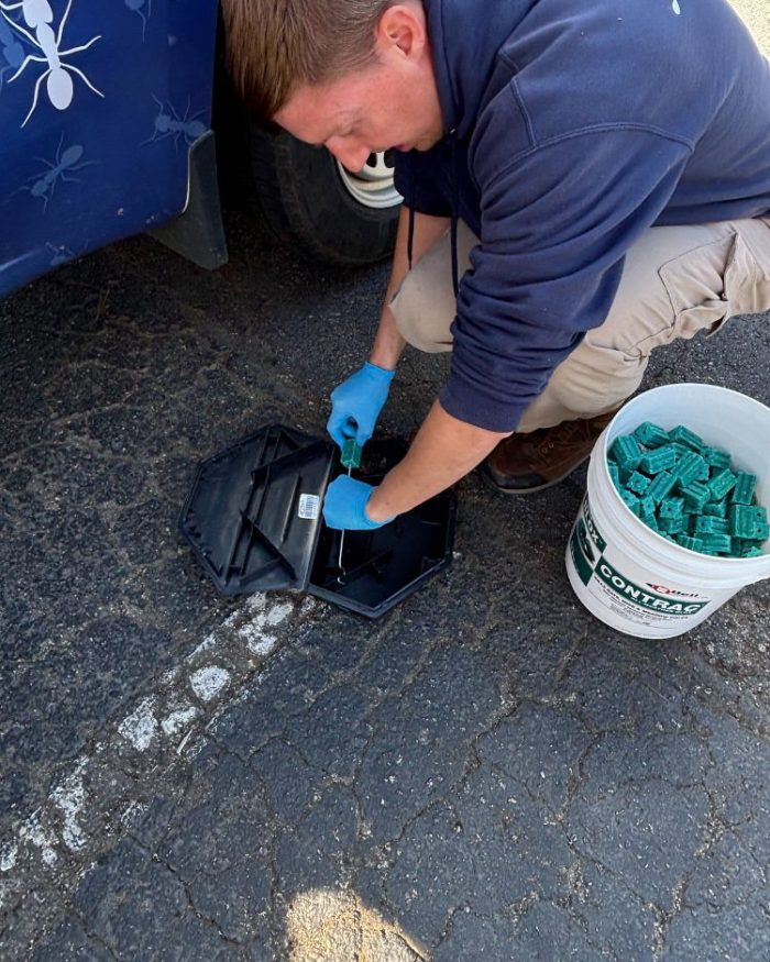 rat-mice-vole-rodent-control-columbia-sc placing rodent bait into a black bait station on asphalt, with a labeled bucket and pest control vehicle nearby.