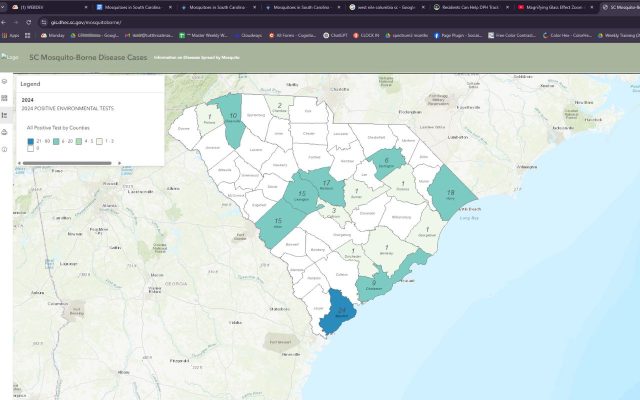 sc mosquito-borne disease cases Map of South Carolina showing 2024 mosquito-borne disease cases by county, shaded by number of positive environmental tests.