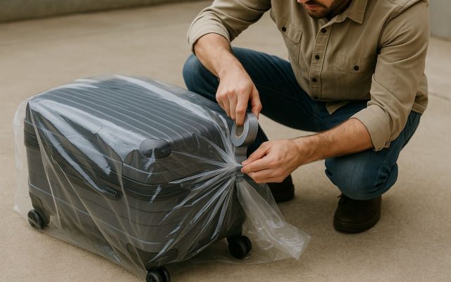 Person kneeling to wrap a black hard-shell suitcase in clear plastic with tape, wearing a beige shirt, jeans, and brown shoes.