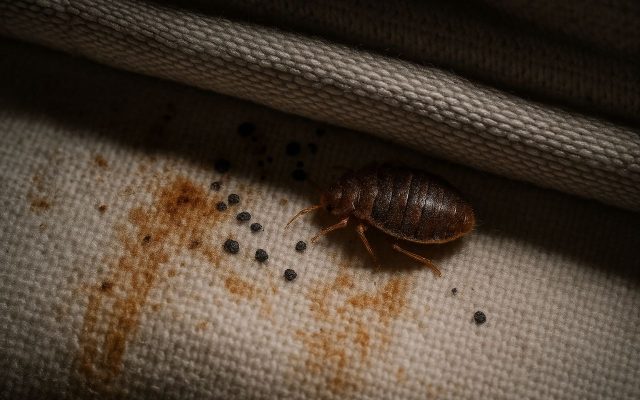 Bed bug on light-colored woven fabric with surrounding dark fecal stains and blood spots, indicating infestation.