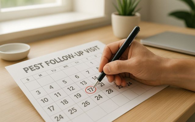 Hand circling the 17th on a calendar labeled “PEST FOLLOW-UP VISIT,” placed on a desk with a plant, laptop, and window.