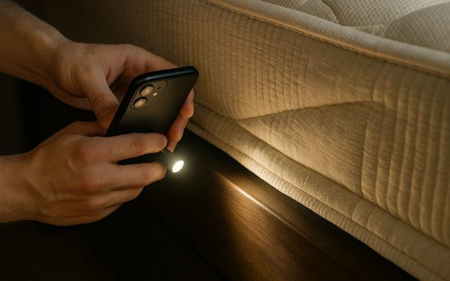Person using smartphone flashlight to inspect beneath a mattress, illuminating the wooden bed frame and quilted mattress edge.