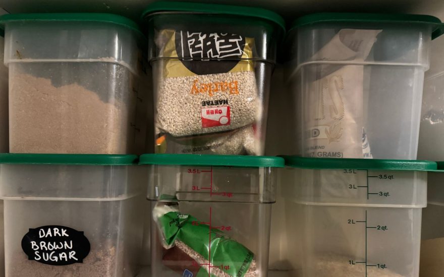 Dry food stored in containers.