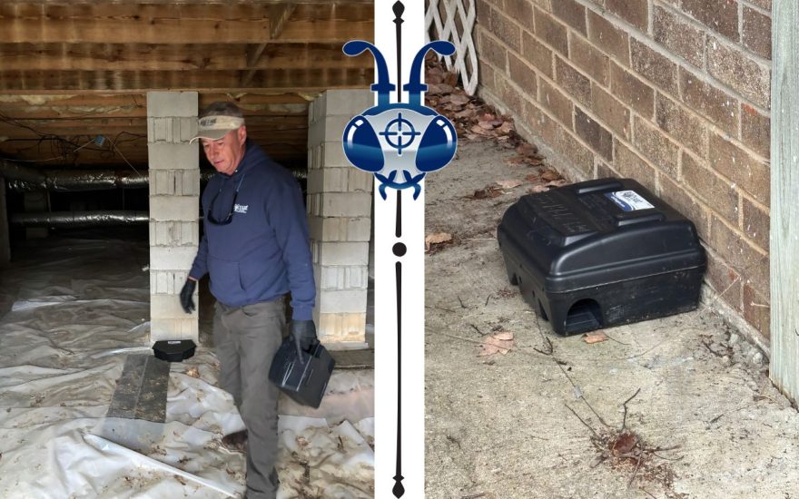 2 images split. Left image of Jeffcoat Tech under home setting bait stations. Right image is of the bait station.